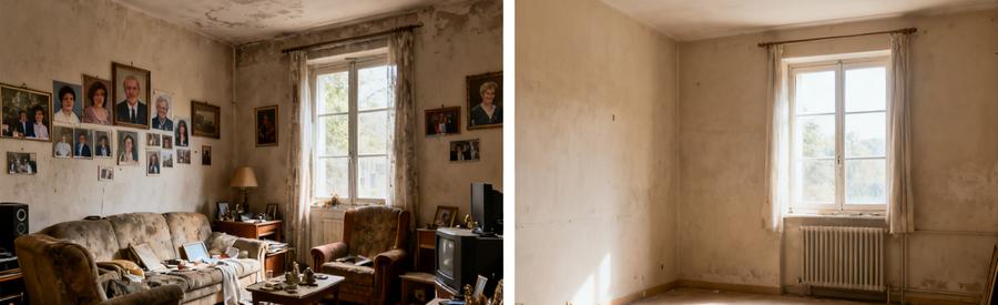 Salon avant et après un débarras à Corbeil-Essonnes, illustrant le vide après une étape difficile.