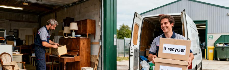 Professionnel du débarras triant des objets pour recyclage et don dans l'Eure.
