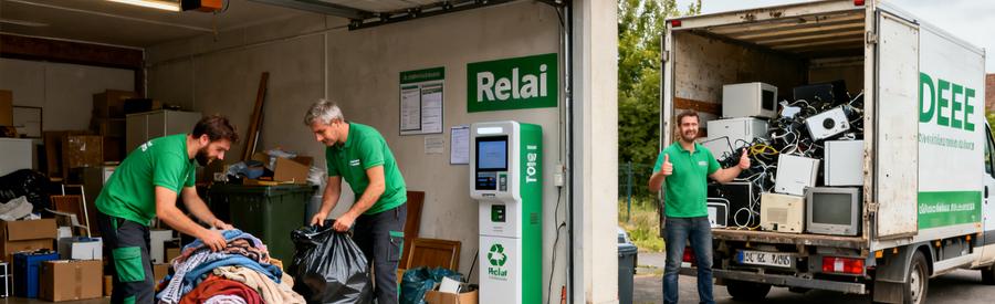 Professionnels de débarras à Hénin-Beaumont triant textiles et appareils électriques pour recyclage.