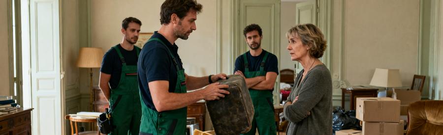 Professionnels évaluant des objets dans un salon encombré à Saint-Pierre-des-Corps, illustration du choix de débarras.