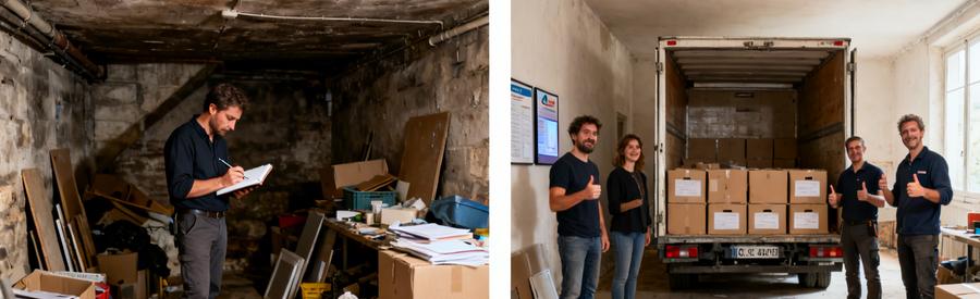 Un professionnel du débarras évaluant des objets dans une cave avant le tri et le chargement.