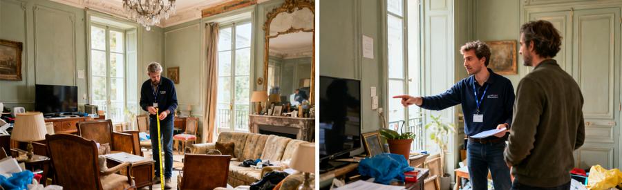Un professionnel évalue des meubles dans un salon encombré, puis discute des objets à débarrasser avec le client.
