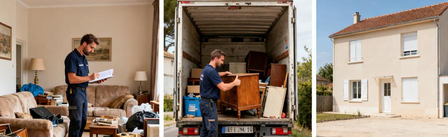 Trois étapes d'un débarras réussi à Agen, de l'évaluation à la maison vide, montrant un processus clair.