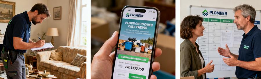 Trois étapes pour obtenir des offres de débarras à Ploemeur, illustrant le processus simple et efficace.