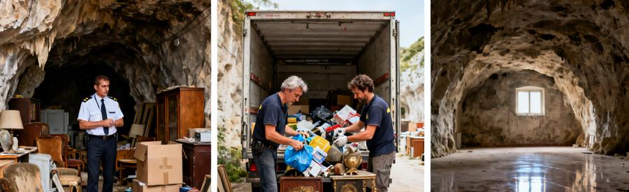 Images illustrant les étapes d'un débarras professionnel à Ajaccio, de l'évaluation au nettoyage final.
