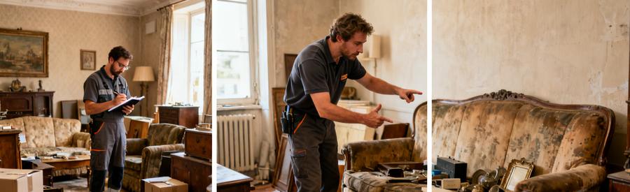 Un professionnel évalue un salon encombré à Caen, repérant les objets valorisables avant le débarras.