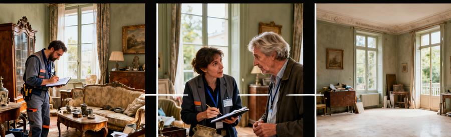 Professionnels évaluant des meubles dans un salon avant un débarras à Villeneuve-d'Ascq.