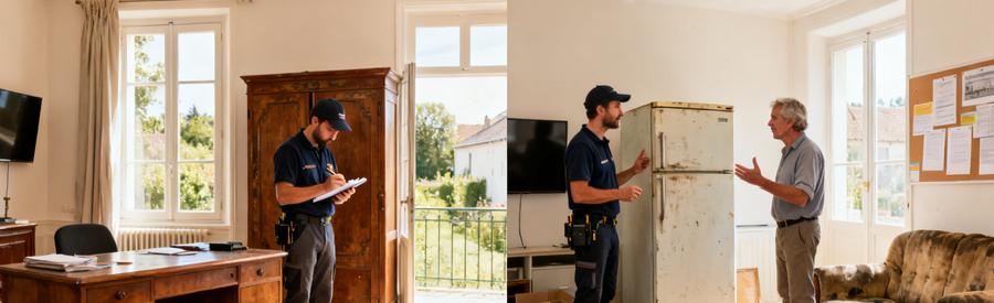 Débarras professionnel évaluant des meubles anciens dans un salon pour un débarras gratuit en Somme.