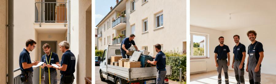 Scène de professionnels évaluant un appartement au 4e étage et chargeant des objets dans un camion.