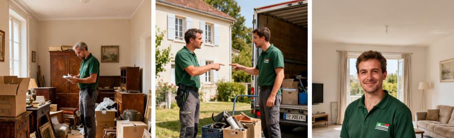 Débarrasseur évaluant des objets, équipe discutant, appartement après le débarras à Guéret.