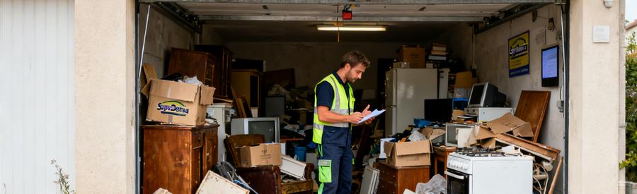 Garage encombré à Villeneuve-d'Ascq avec objets divers, illustrant la nécessité d'un débarras professionnel.