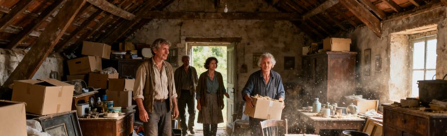 Grenier encombré de cartons et vieux meubles, symbole du débarras dans le Lot-et-Garonne.