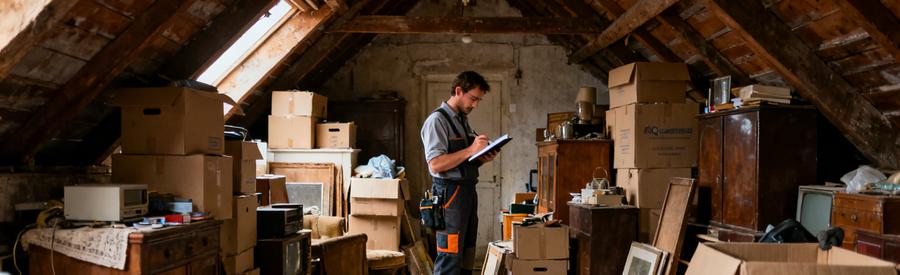 Débarras professionnel en train d'évaluer un grenier encombré de cartons et vieux meubles à Marcq-en-Barœul.