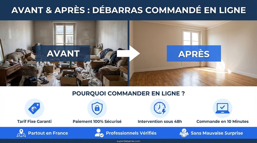 Infographie commander un débarras en ligne - tarif fixe, paiement sécurisé, intervention rapide