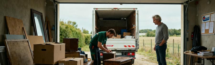 Un professionnel évalue des objets dans un garage en Charente avec un client soulagé.