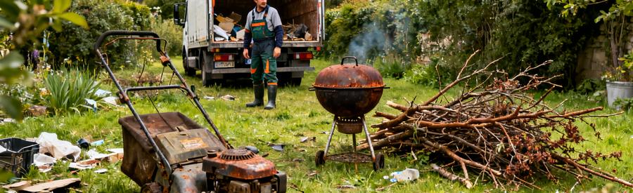 Jardin encombré avec tondeuse et barbecue, professionnel évalue le débarras.