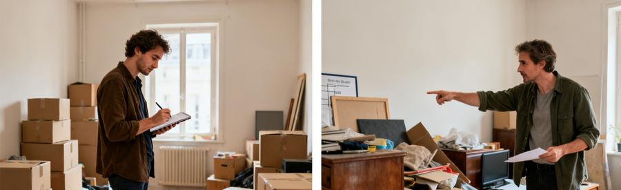 Deux personnes organisant un débarras, l'une prenant des notes et l'autre inspectant des meubles encombrants.