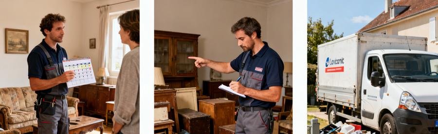Un professionnel planifie un débarras avec un client et prépare le chargement des objets dans une camionnette.