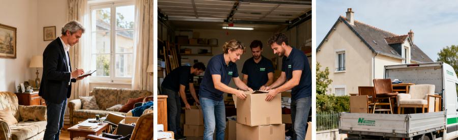 Trois scènes de débarras à Rillieux-la-Pape : évaluation de meubles, tri dans le garage et camionnette chargée.