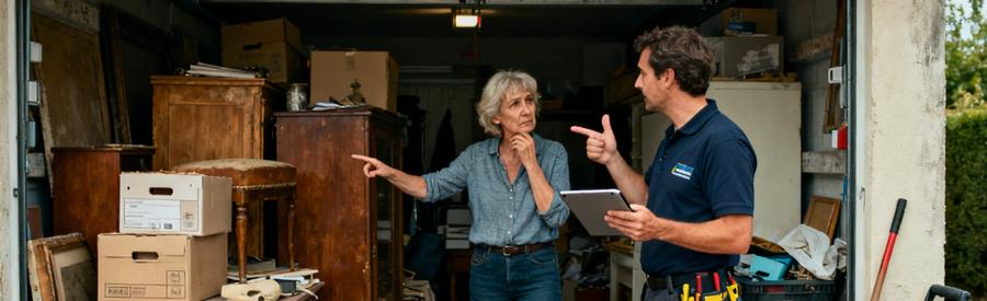 Un professionnel analyse des objets dans un garage en désordre avec un client, préparant la prochaine étape du débarras.
