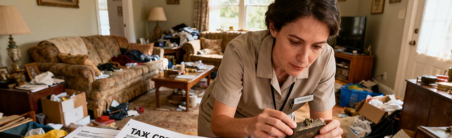 Professionnelle du débarras examinant des objets avec documents sur crédit d'impôt dans un salon.