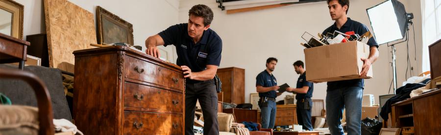 Équipe évaluant des objets dans un studio pour illustrer la variation des prix de débarras selon le type de bien.