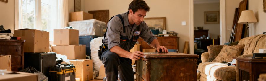 Professionnel évaluant des meubles anciens pour le prix du débarras dans un salon lumineux.