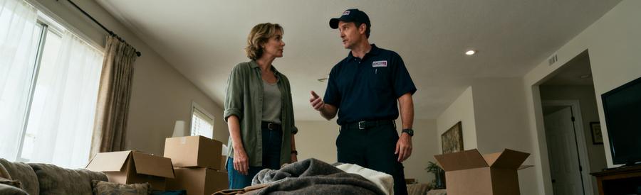 Professionnel évaluant des encombrants avec client pour éviter les pièges des tarifs débarras.