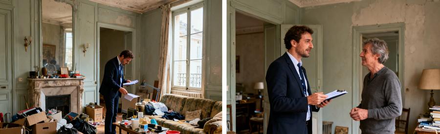 Deux scènes illustrant le processus de débarras à Boulogne-sur-Mer, évaluation et présentation d'un devis au client.