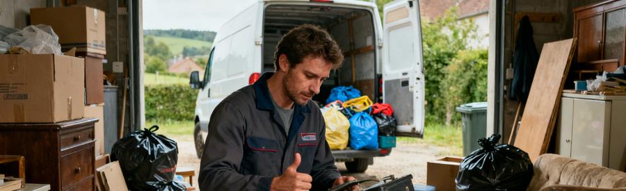 Un débarras professionnel dans le Doubs avec un expert évaluant des objets dans un garage encombré.