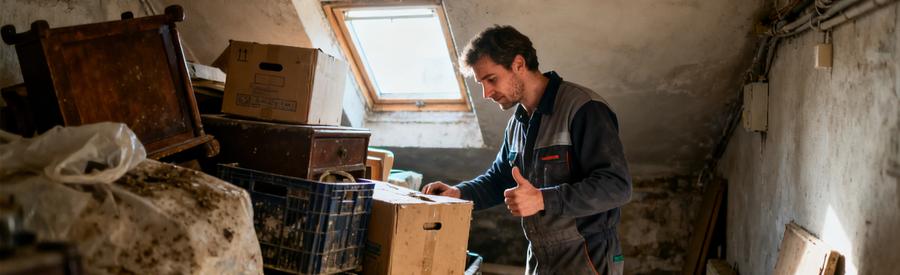 Un professionnel du débarras dans une cave de maisons à Dreux, évaluant des objets encombrants à trier.