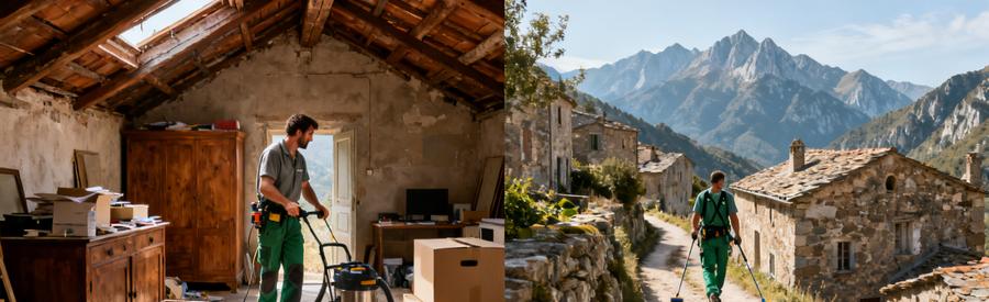 Débarras d'un grenier en Haute-Corse, professionnel au travail dans un cadre montagneux.