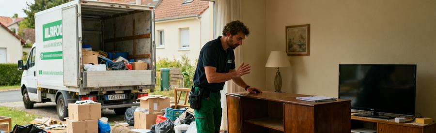 Un professionnel évalue des objets encombrants dans un salon, avec un camion de débarras en arrière-plan à Illkirch-Graffenstaden.
