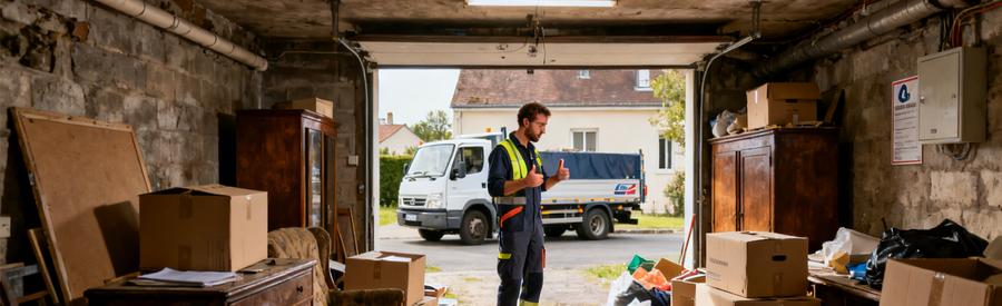 Un professionnel en débarras inspecte une cave pleine de déchets à Orvault, mettant en avant la réglementation et le recyclage.