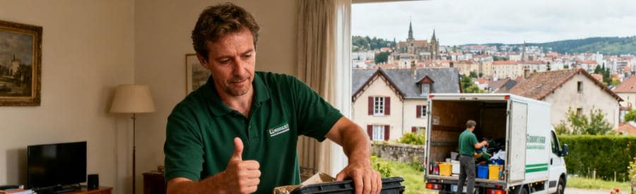 Débarras professionnel à Rodez, expert examinant des objets dans un salon avec camion à l'arrière-plan.