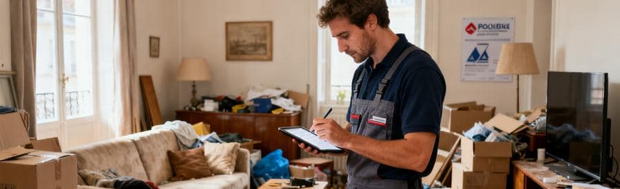 Un professionnel du débarras inspecte un salon encombré, prêt à noter les objets à évacuer.