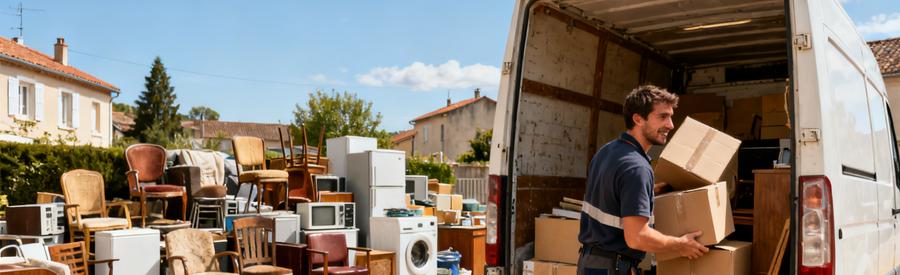 Un professionnel du débarras à Seynod charge des meubles et des cartons dans une camionnette, montrant son expertise.