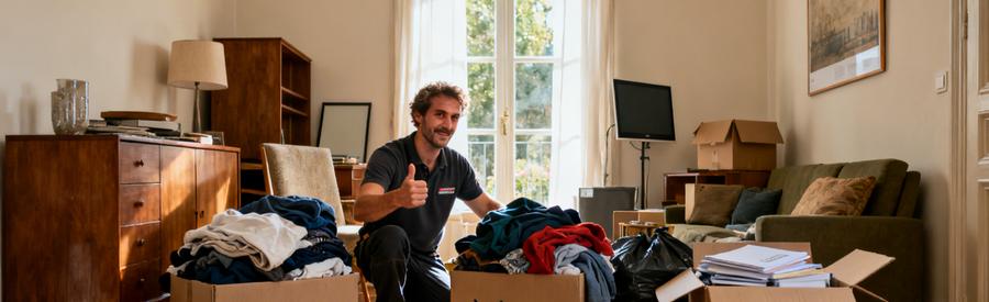 Un débarras professionnel à Bron séparant objets à conserver, donner et jeter pour optimiser le débarras.