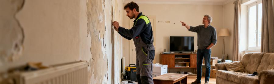 Un débarras professionnel examine un mur pour éviter des dommages chez un client à Saint-Brieuc.