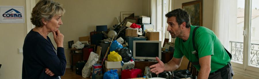 Évaluation d'un canapé dans un T3 à Cenon par un professionnel du débarras, montrant l'importance de comparer les offres.