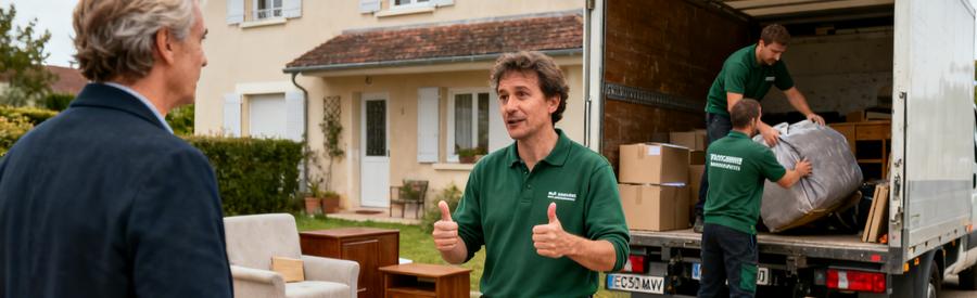 Deux professionnels du débarras dans Territoire de Belfort, l'un en conseil, l'autre en action, mettant en avant l'importance du choix.