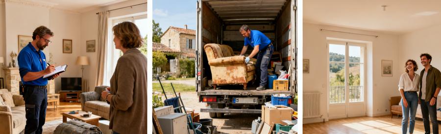 Scènes de débarras en Dordogne avec professionnels évaluant et débarrassant des objets, montrant la satisfaction des clients.