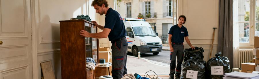 Professionnels organisant un débarras avec tri d'objets, préparation au recyclage.