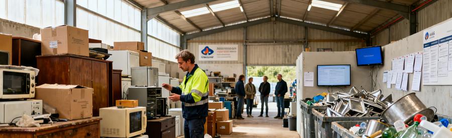 Professionnel du débarras triant des objets pour le recyclage dans un entrepôt.