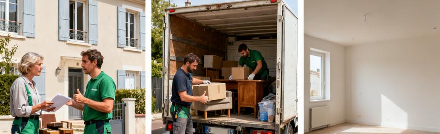 Trois scènes montrant des débarras professionnels à La Roche-sur-Yon : discussion, chargement, intérieur vidé.