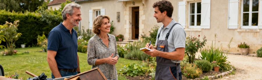 Un professionnel du débarras discutant avec des clients dans un jardin à Beaune, ambiance de simplicité et coopération.
