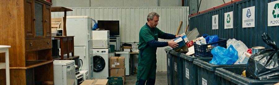 Un professionnel du débarras effectuant le tri des objets pour recyclage, avec des zones séparées pour différents matériaux.