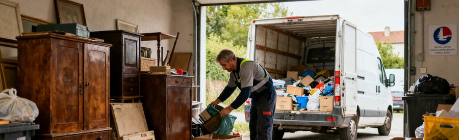 Un professionnel triant des objets dans un garage, préparant le recyclage et le don à des associations.