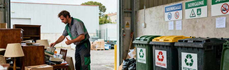 Un professionnel du débarras à La Rochelle triant des objets pour le recyclage dans un espace de stockage.
