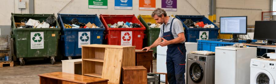 Un débarras professionnel inspecte des objets dans un centre de tri pour le recyclage en Meurthe-et-Moselle.